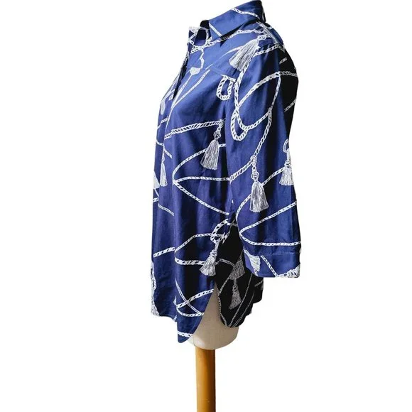 Chico's Button Down blouse size 12 nautical print quarter‎ sleeve flip cuff - Picture 2 of 11